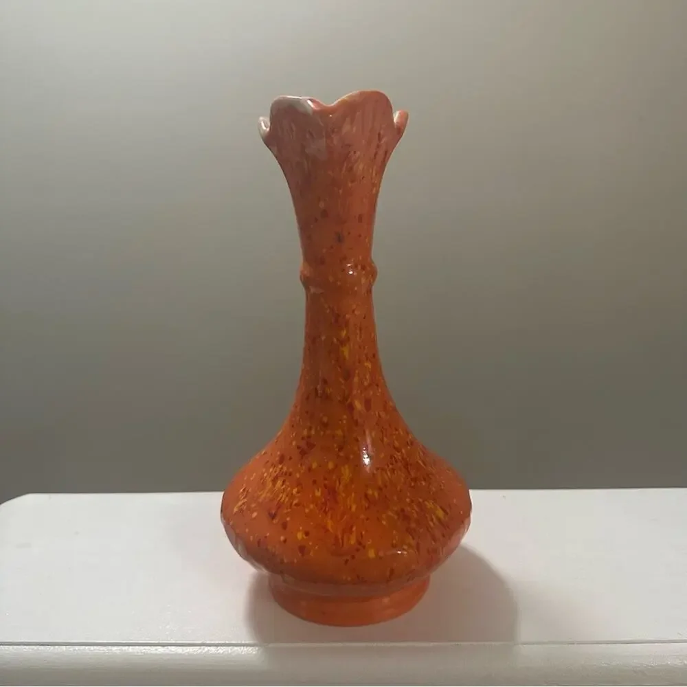 Vintage 1974 Handmade Ceramic Vase w/Handle Orange w/Yellow Red Specks 12” tall - Picture 6 of 9